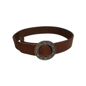 Vintage 90s Brown Leather Wide Belt with Silver Circle Buckle in Mother of Pearl